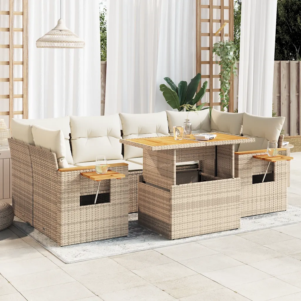 Set Divani da Giardino 7 pz con Cuscini Beige Polyrattan Acacia 3327565
