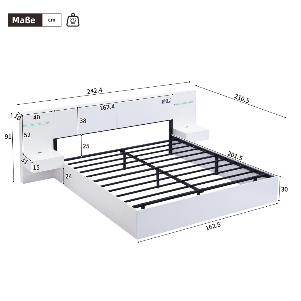 LETTO matrimoniale 160x200 cm MDF bianco con USB, Bluetooth e comodini