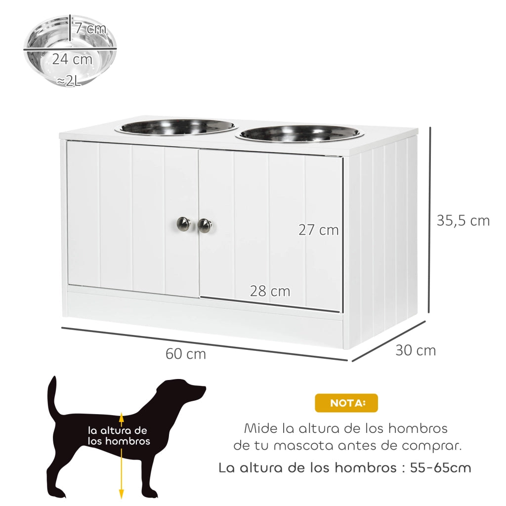 Ciotola Rialzata per Cani Grandi ¨C Xylo ¨C 2 Ciotole 2000ml con Contenitore 60x30x35,5cm Bianco