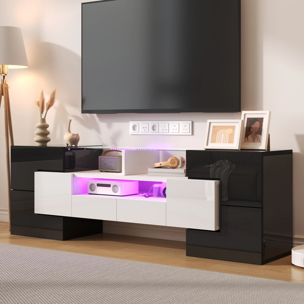 Credenza TV bianco lucido e nero in truciolare 145 cm