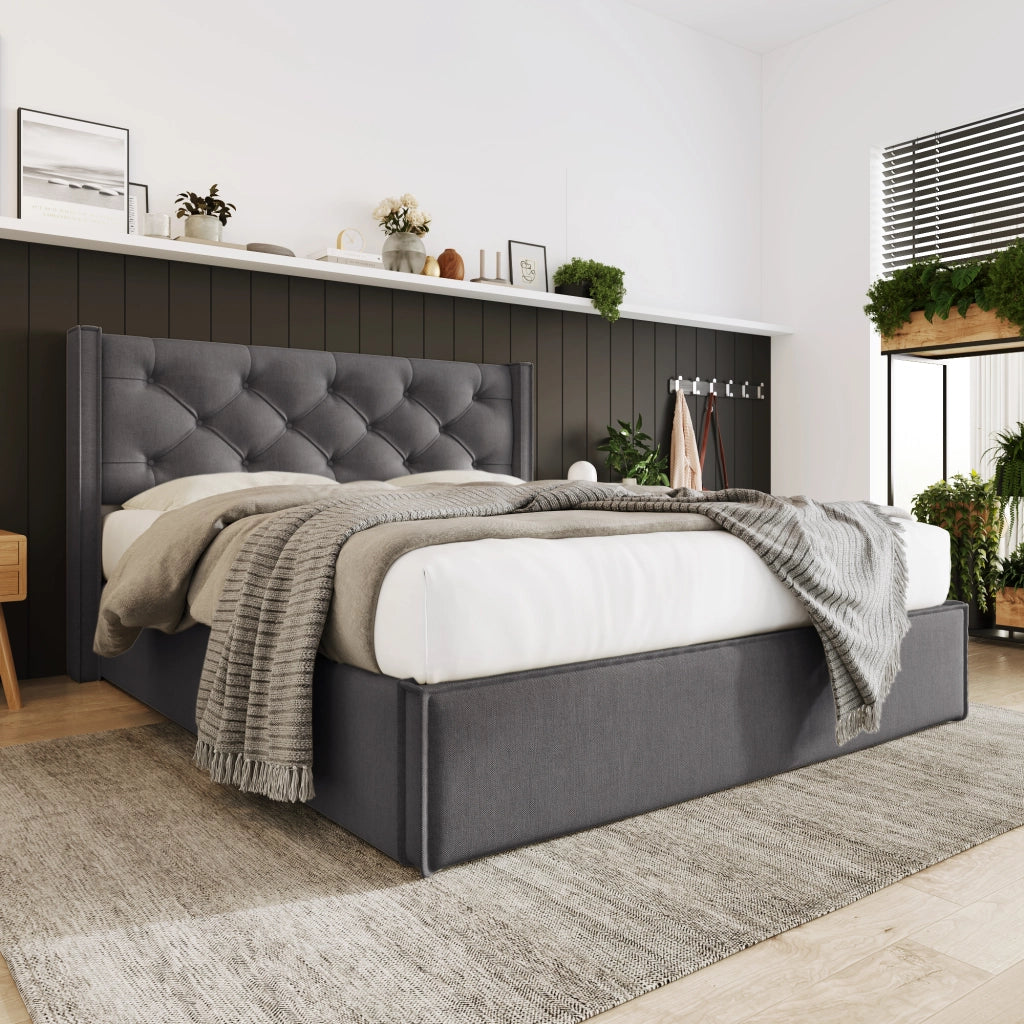 LETTO Imbottito 140x200 cm Grigio con contenitore e rete sollevabile