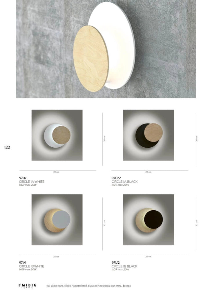 Applique Emibig Circle 1 luce legno chiaro/nero G9 20cm
