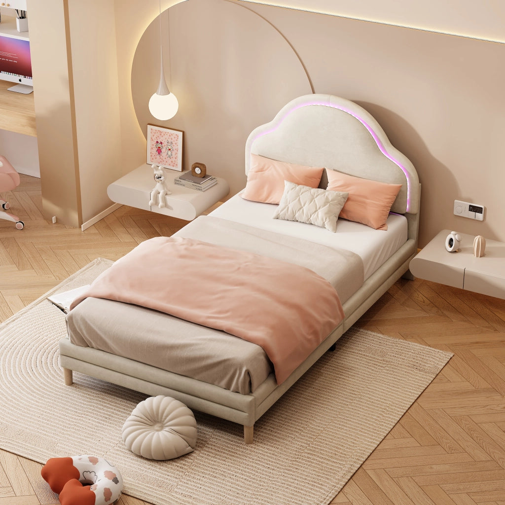 Letto Singolo Imbottito con Testiera LED a Nuvola ¨C MINIMAL ¨C Velluto Beige 90x200