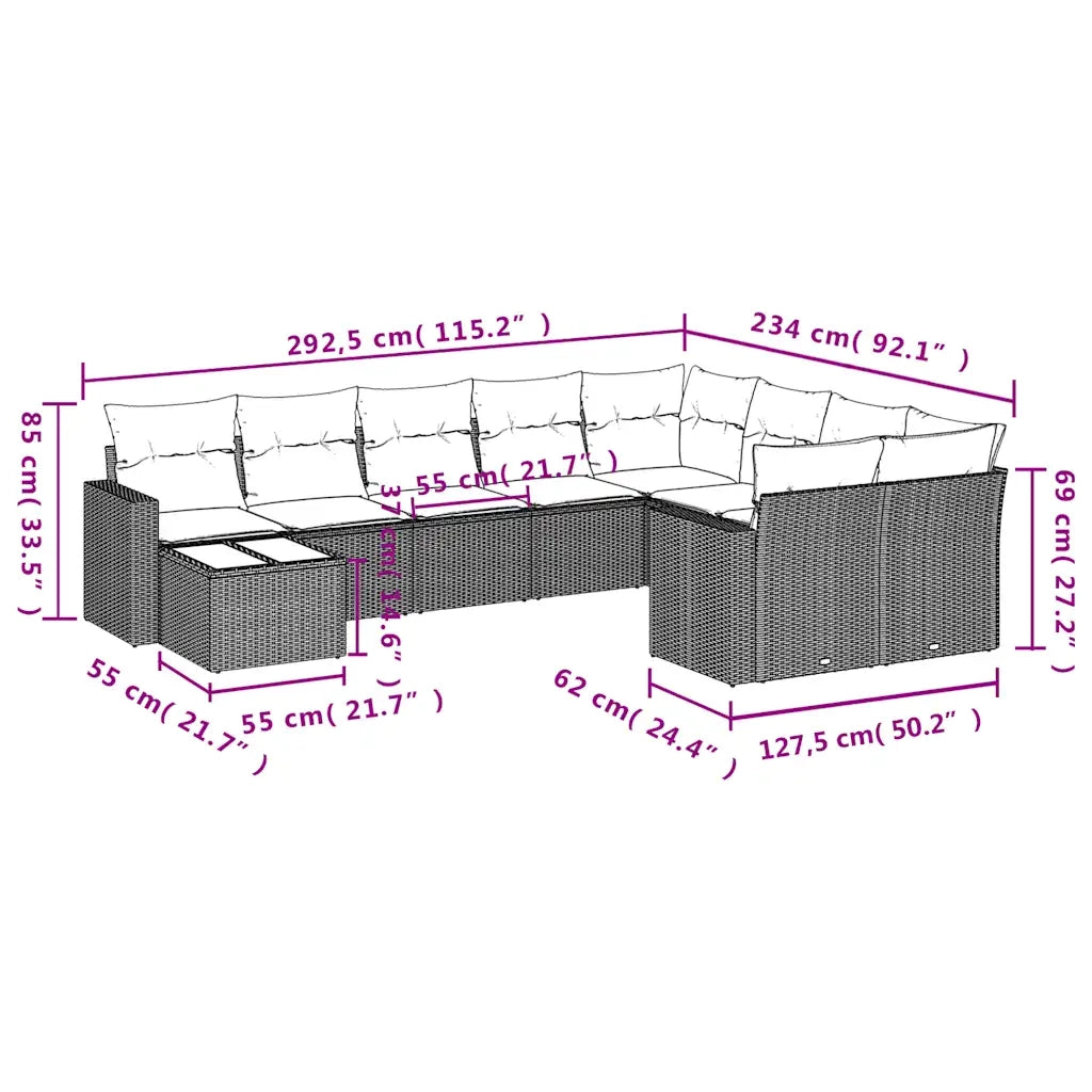 Set Divani da Giardino 10 pz con Cuscini Nero in Polyrattan 3219447