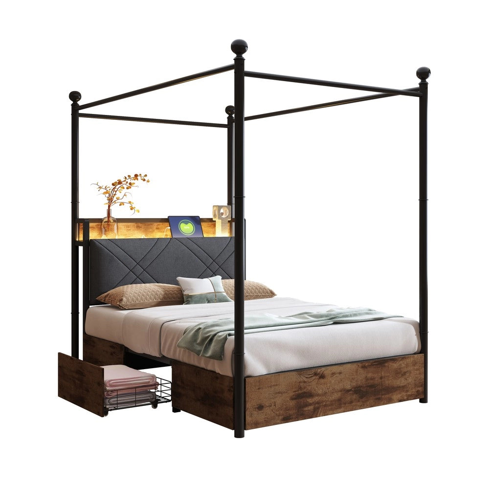 Letto Singolo con Baldacchino, Cassetti e LED ¨C MINIMAL ¨C 90x190, Ferro, con USB
