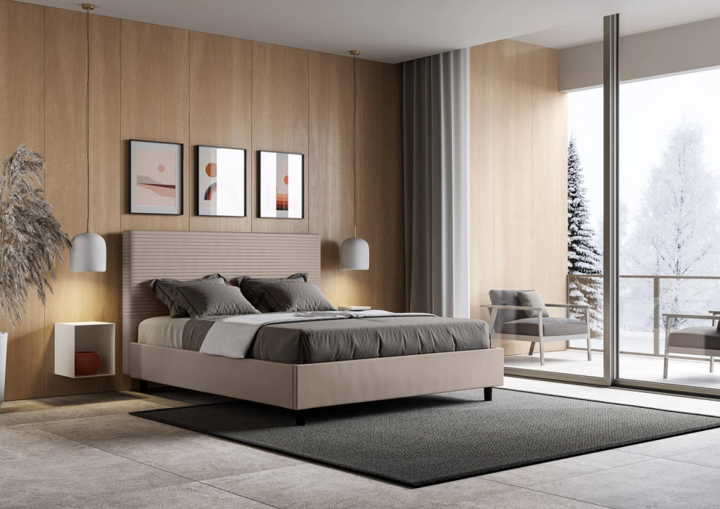 BS COM Letto matrimoniale francese senza rete imbottito 140x200 similpelle tortora