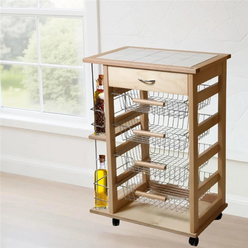 CARRELLO VESUVIO CON CASSETTO+PORTABOTTIGLIE NATURALEIN FAGGIO E BASE INFERIORE MULTISTRATO DI BETULLA 1 CASSETTO 4 CESTELLI