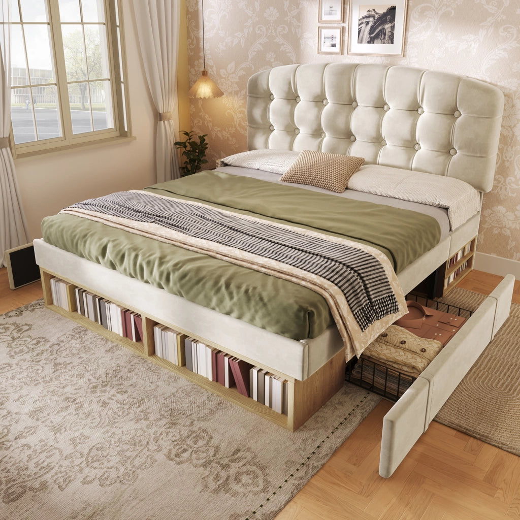 LETTO imbottito 140x190 cm in velluto beige con testiera regolabile e cassetti