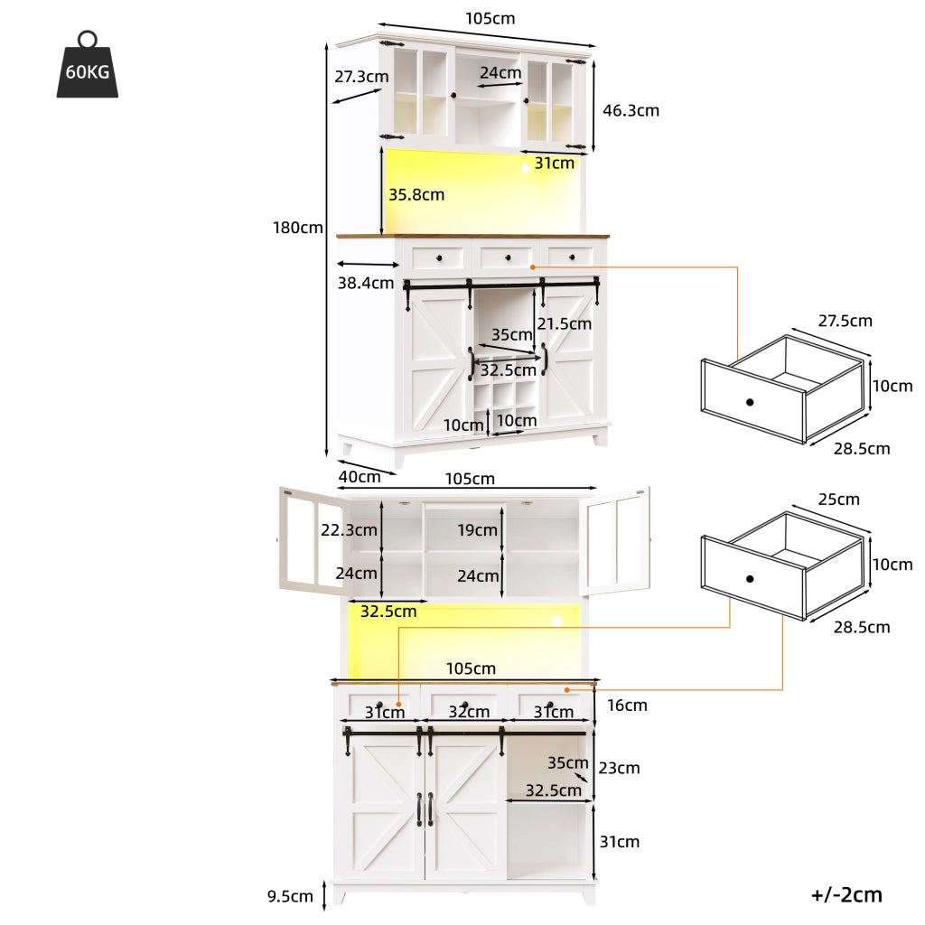 Credenza con Vetrina e LED ¨C MINIMAL ¨C Bianco, Ripiani Regolabili, 105x38x180