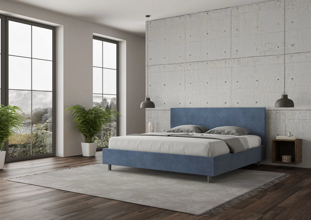 BS COM Letto matrimoniale king size contenitore imbottito 200x210 microfibra blu