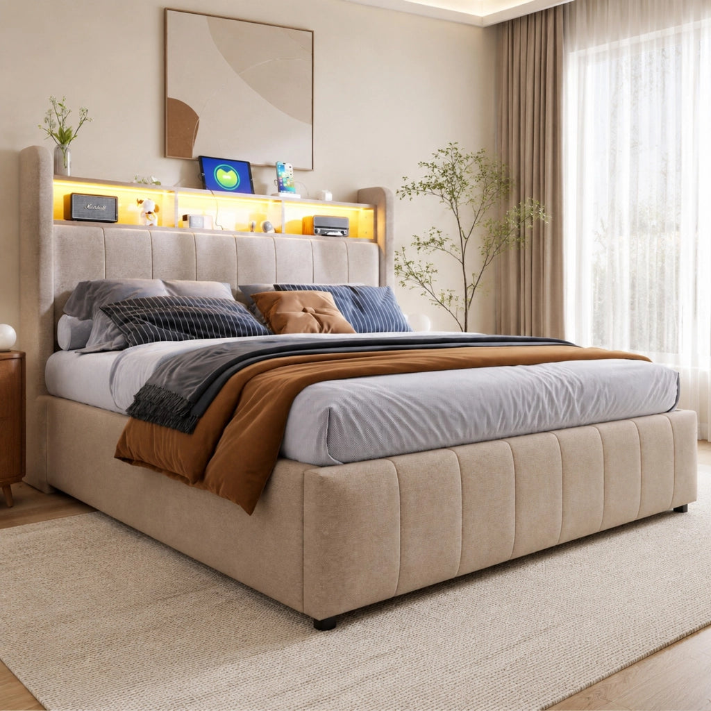 LETTO imbottito 140x200 cm Beige con LED, USB, porta Type-C e contenitore idraulico