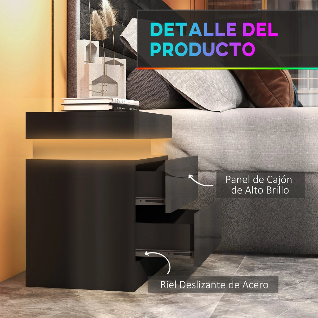 Comodino con Luci LED e 2 Cassetti ¨C Minimal ¨C 45x35x52 cm Nero