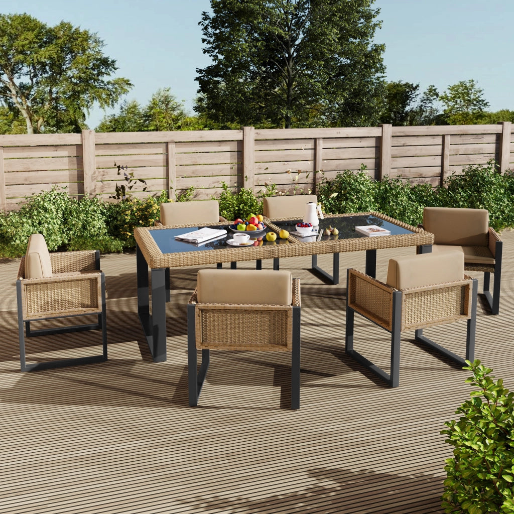Tavolo da Giardino 7 Pezzi con 6 Poltrone; Mobili da Esterno in Rattan e Tessuto con Schienale Alto e Cuscini Sfoderabili; Marrone