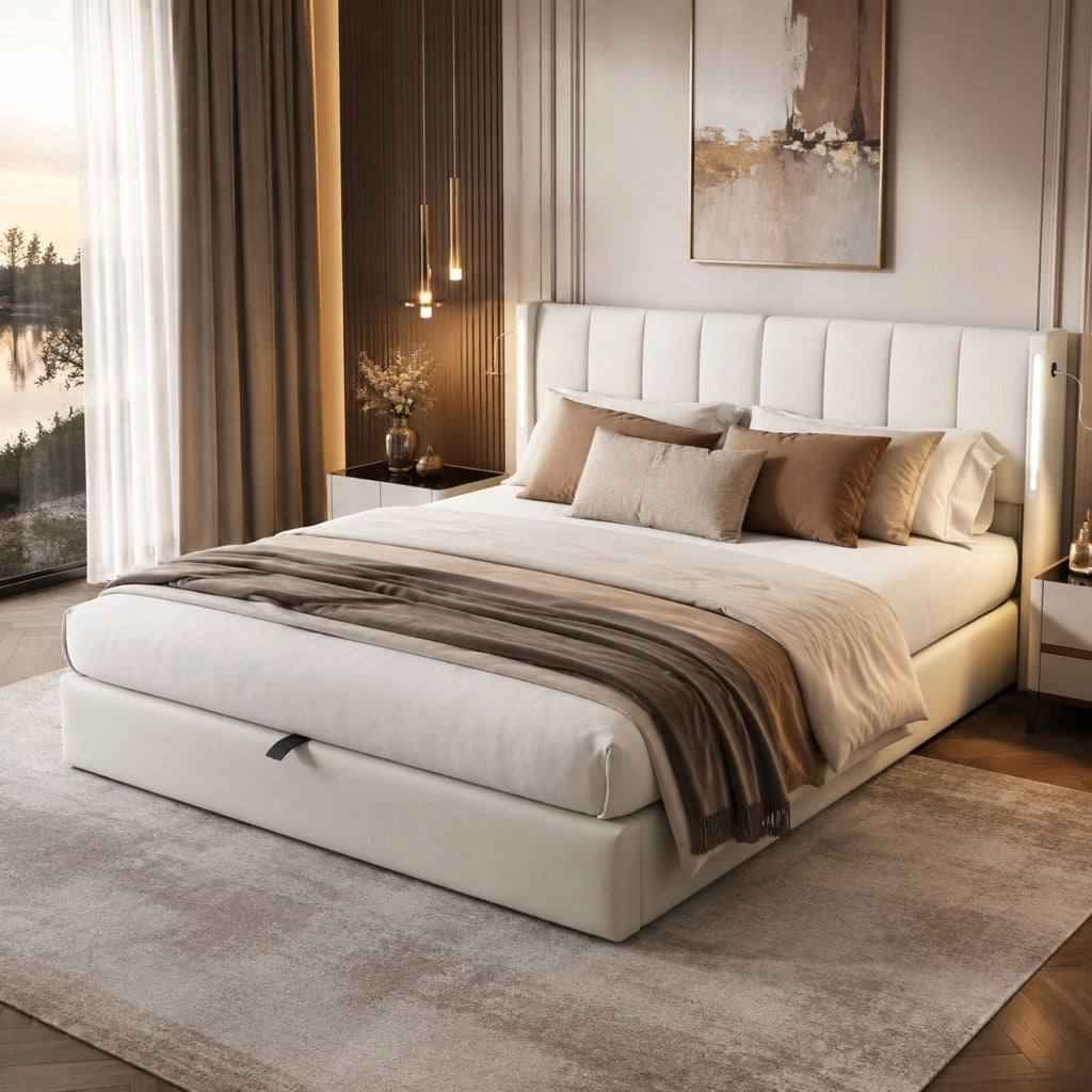 LETTO imbottito 140x190 cm PU bianco con rete a doghe, USB, LED