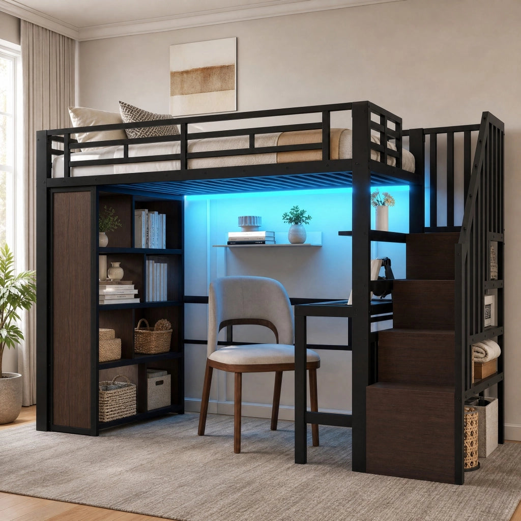Letto a soppalco 90x200 cm con scrivania; ripiani; scala contenitore e LED; nero