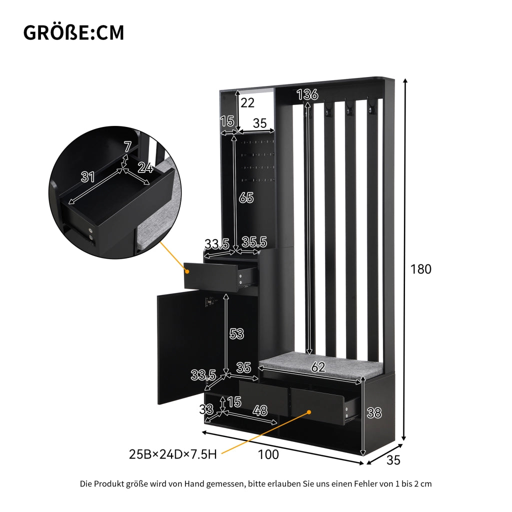 ARMADIO DA INGRESSO con panca, H180xL100xP35 cm, nero, MDF