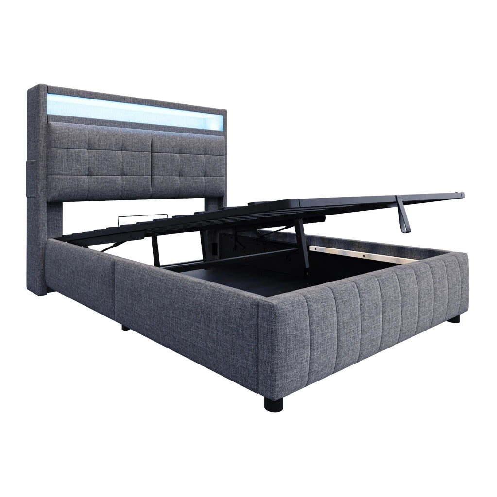 Letto imbottito 140x200 cm con LED, USB e vano contenitore