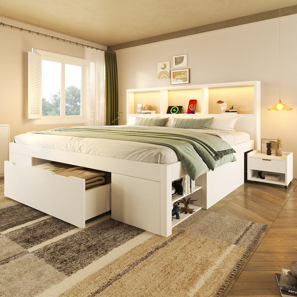 Letto funzionale con LED e USB-C - Zephmum- 140x190 cm- Bianco- Con cassetti e ripiani