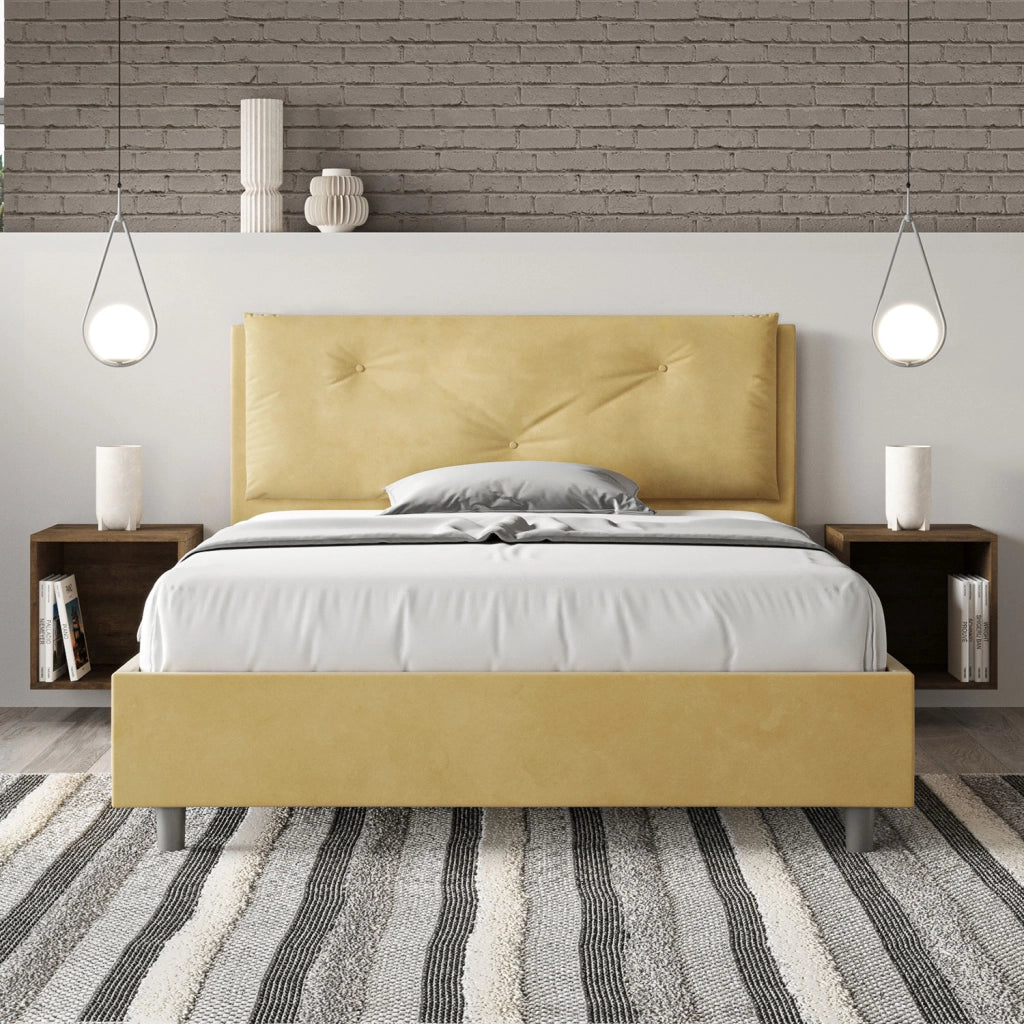 BS COM Letto matrimoniale francese contenitore imbottito 140x210 microfibra ocra Large