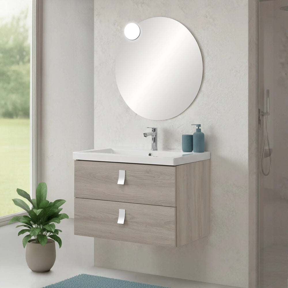 Mobile bagno sospeso 80 cm in rovere grigio con lavabo e specchio tondo Bravo