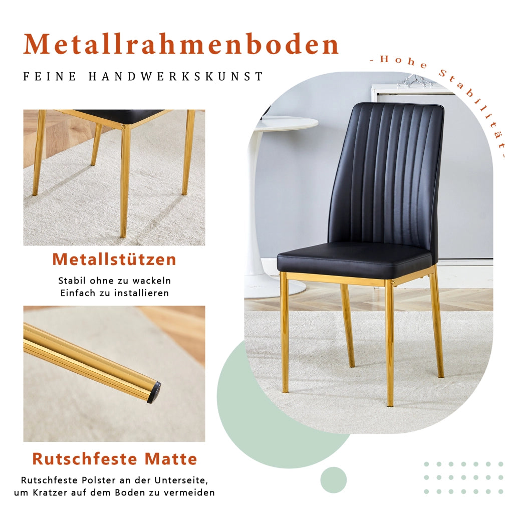 Sedia da pranzo Set di 4 con schienale ergonomico, in PU e metallo, Nero e Oro