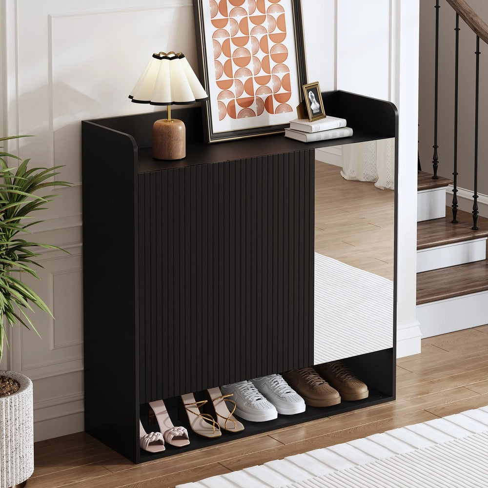 Scarpiera con Specchio Ingresso ¨C MINIMAL ¨C Nero, Ripiani Multipli