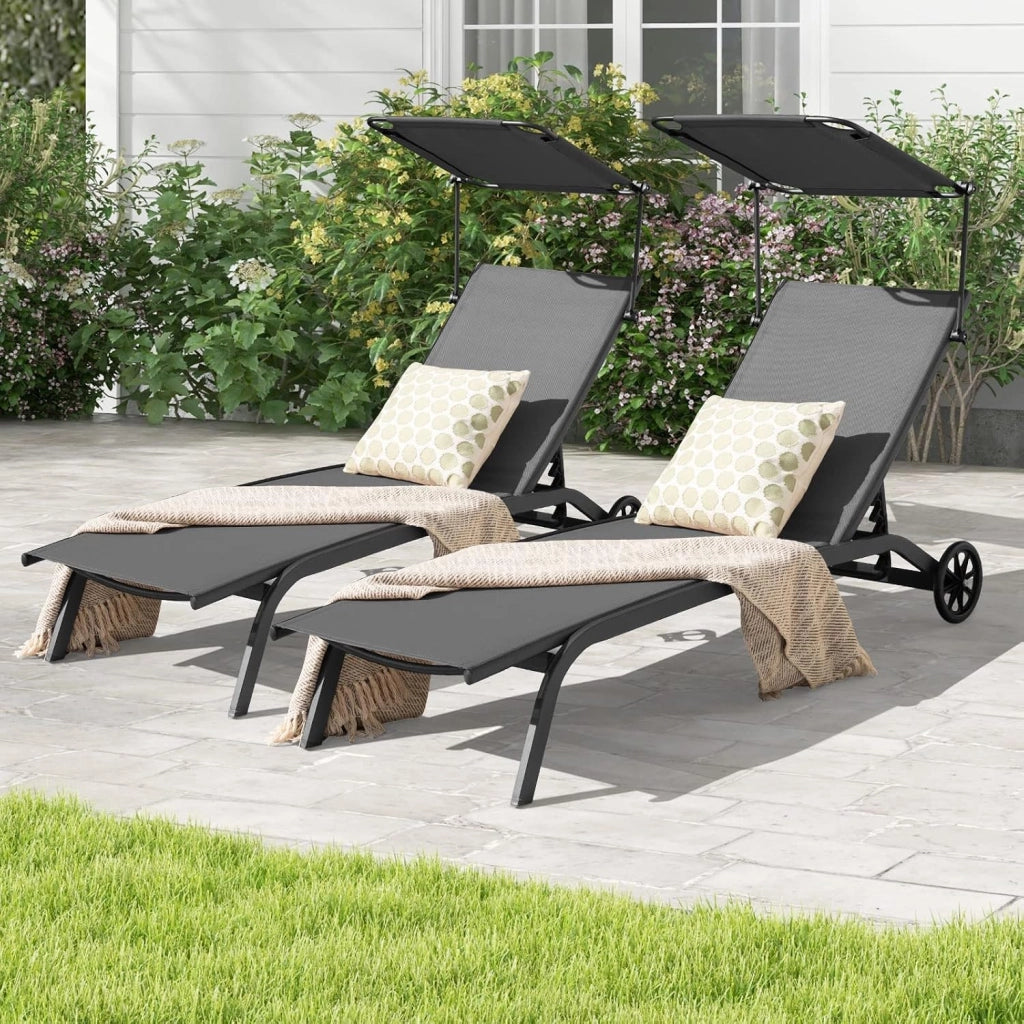 Lettino Prendisole da Giardino, Sdraio Reclinabile con Ruote Tettuccio, con Schienale Regolabile in 6 Livelli, Lettino da Giardino con Portabicchieri a Scomparsa, Portata 150 kg (1, Grigio)