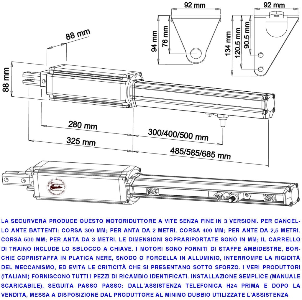 Motore Elettromeccanico 24 Vcc Corsa 400 mm Ricambio Cancello Elettrico Automatico Anta 2,5 Metri Sblocco a Chiave Ricambio Originale Securvera Finecorsa Meccanici Kit Staffe Bulloni Misure 810X88X88 mm Compatibile Elettronica BTF Aster Fac