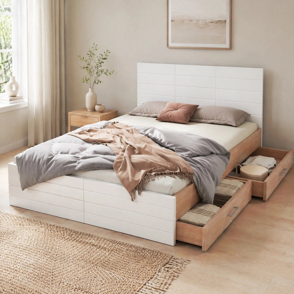 LETTO matrimoniale 180x200 cm con 2 cassetti, bianco e quercia