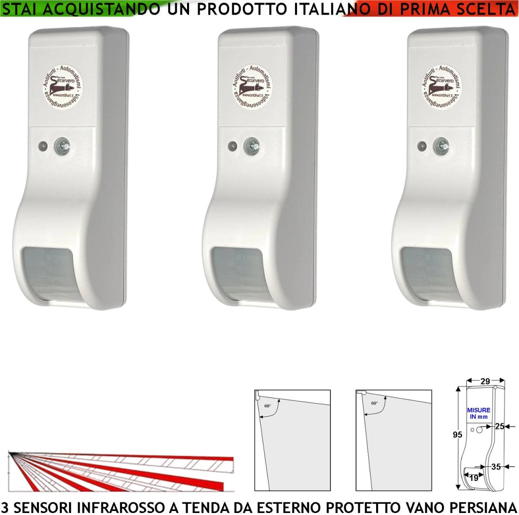 Infrarosso Dual Pir Tenda Esterno Protetto Tre Sensori Che Rilevano Intruso Invia Allarme Portata 8 MT 60° Vert. 7° Orizont. Aliment. 12 V Assorbim. 10 mA Antifurto Vano Persiana Cover Bianco ABS IP31