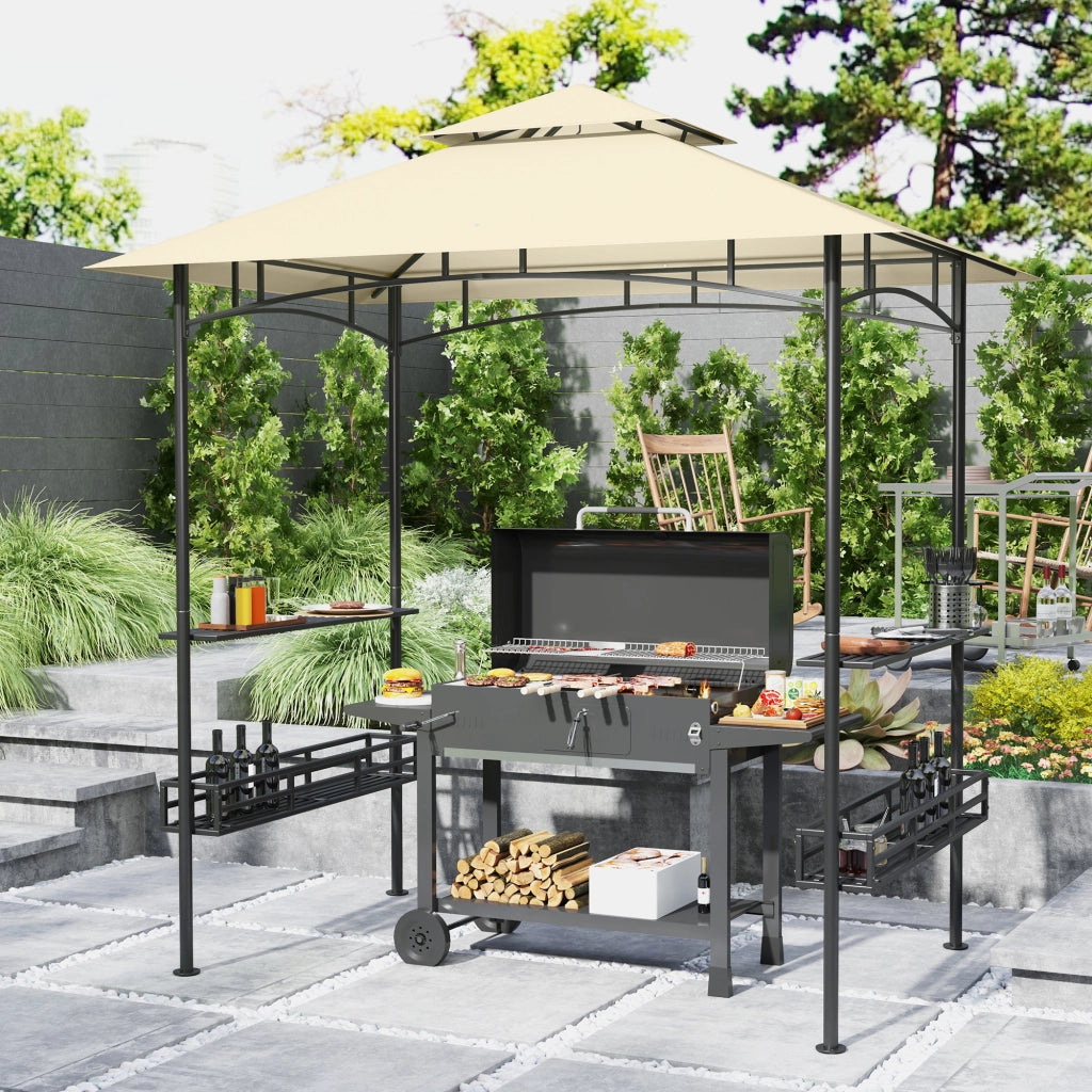 Gazebo Per Barbecue Impermeabile 240 X 150 X 257 Cm Acciaio Beige Con Doppio Tetto E Ripiani Laterali