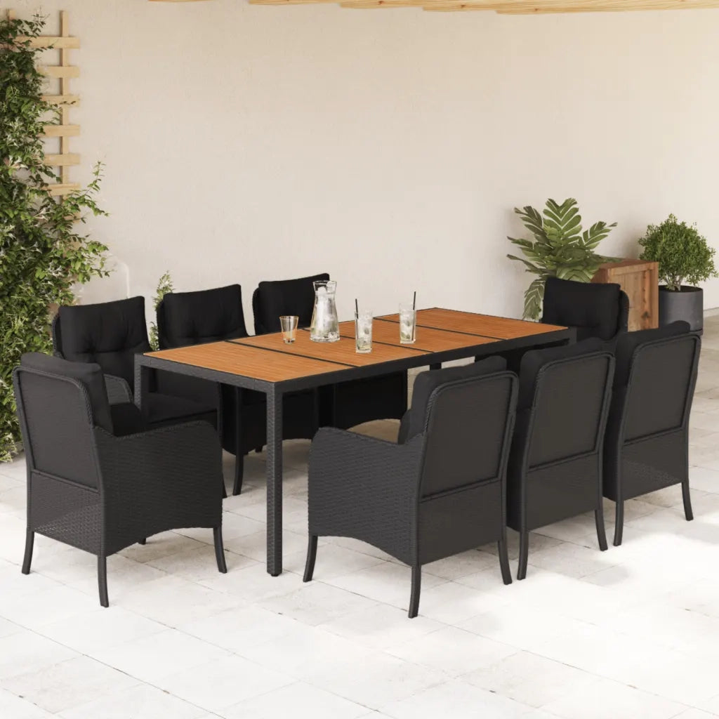 Set da Pranzo da Giardino 9 pz con Cuscini Nero in Polyrattan 3211871