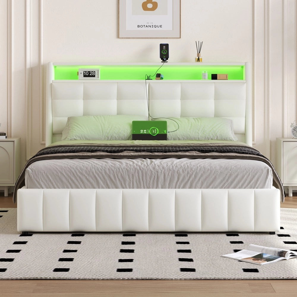 Letto Contenitore Imbottito con LED e USB ¨C MINIMAL ¨C Bianco 160x200