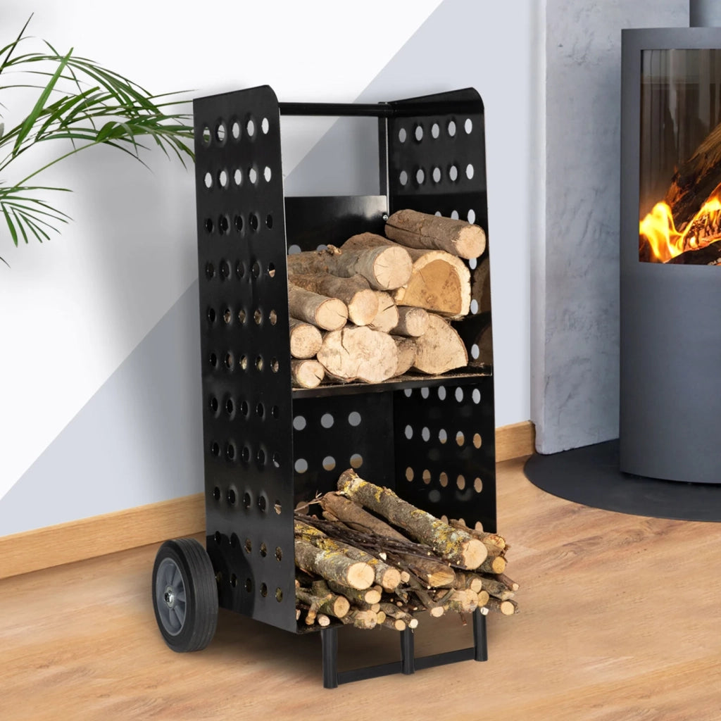 IDMarket - Carrello porta legna da ardere in acciaio nero 40x40x100 cm per il camino