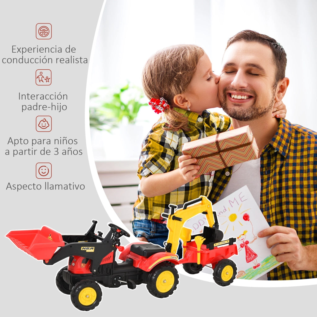 Trattore Giocattolo con Rimorchio ed Escavatore ¨C zephmum ¨C 179x42x59 cm Rosso
