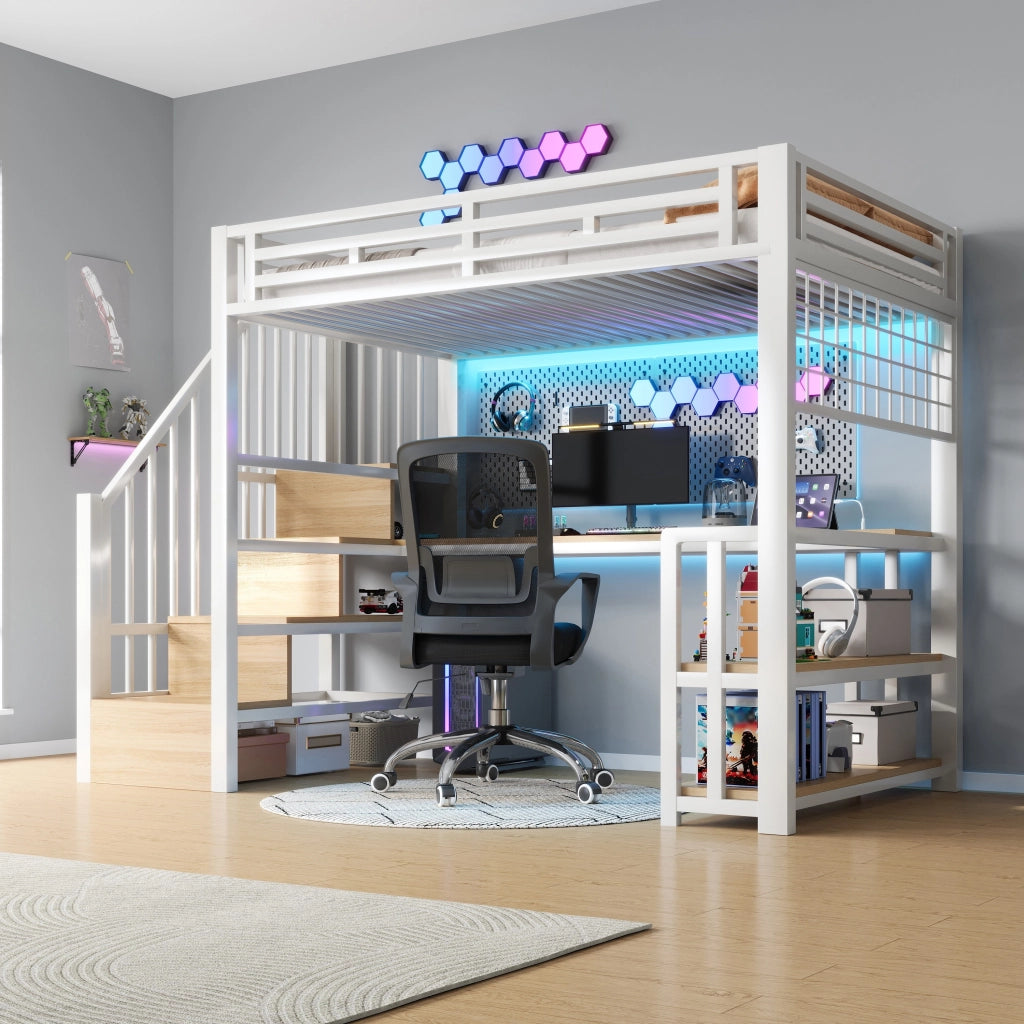 Letto a soppalco con scrivania e LED - Zephmum- 90x200 cm, Bianco, con USB e ripostiglio