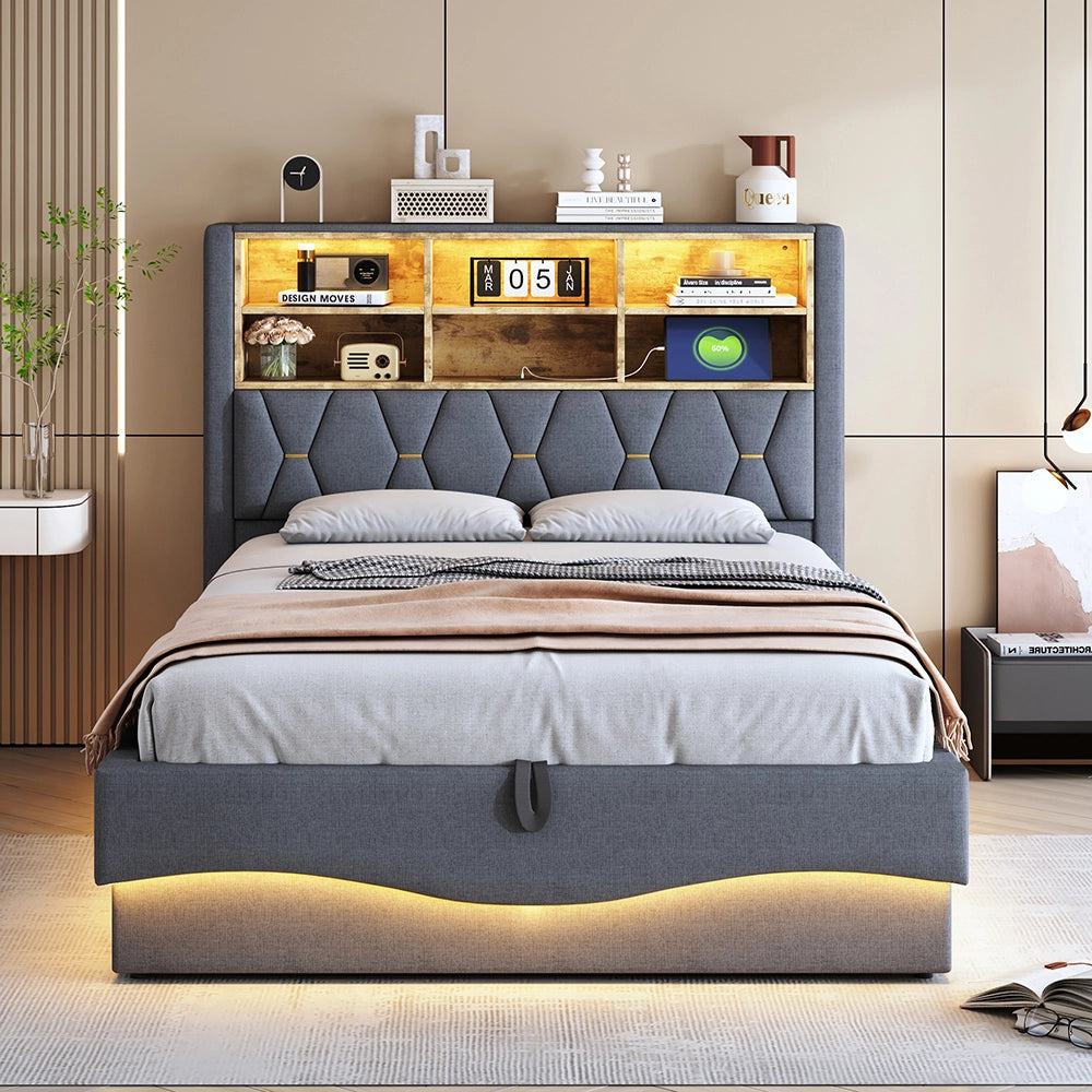 Letto-Xylo-140x200 cm-LED app, USB, metallo, lino grigio