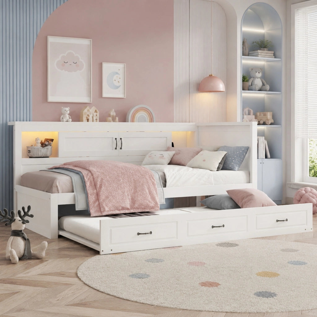 LETTO Divano letto estraibile 90x200 cm Bianco con LED, prese e USB