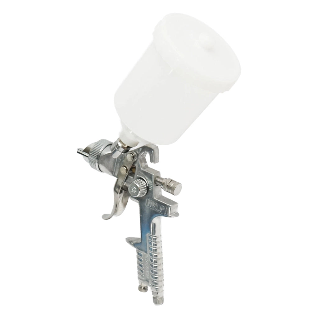 Pistola ad aria compressa da 0,6 litri, con serbatoio in plastica sulla parte superiore e ugello da 1,4 mm.