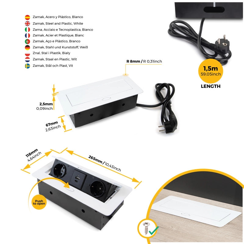 Multiconnettore da tavolo Atom 26 Lite, 225x111mm, 2 prese Schuko, 1 USB Tipo A, 1 USB Tipo C, Zama-Acciaio-Plastica, ..