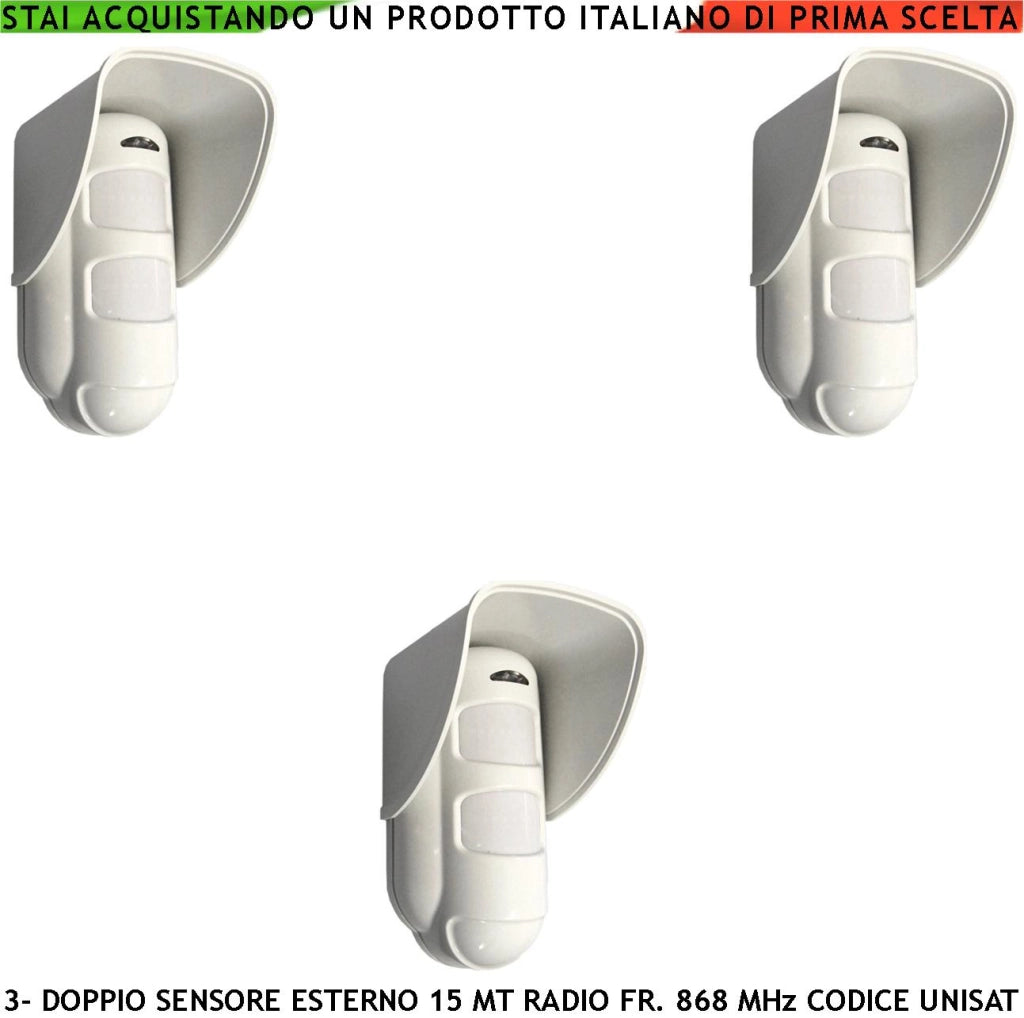 Doppia Tecnologia da Esterno IP54 3 Sensori Intrusi in Movimento Copertura 15 Metri Grandangolo o 25 Metri Tenda Via Radio Fr. 868 MHz Bidirezionale Codice UNISAT