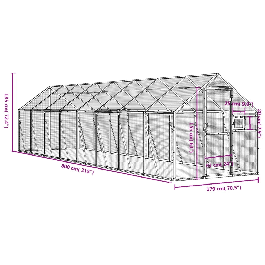 Voliera Argento 1,79x8x1,85 m in Alluminio 3155799