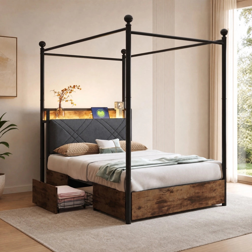 Letto singolo multifunzione 90x190 con LED, USB/Type-C e contenitori