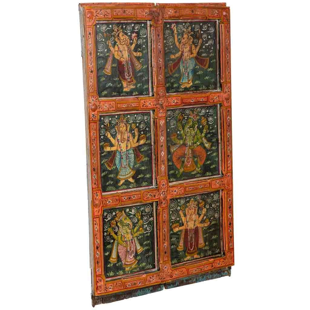 Porta in legno fatta a mano con decoro verde e rosso, 100x11x168h cm