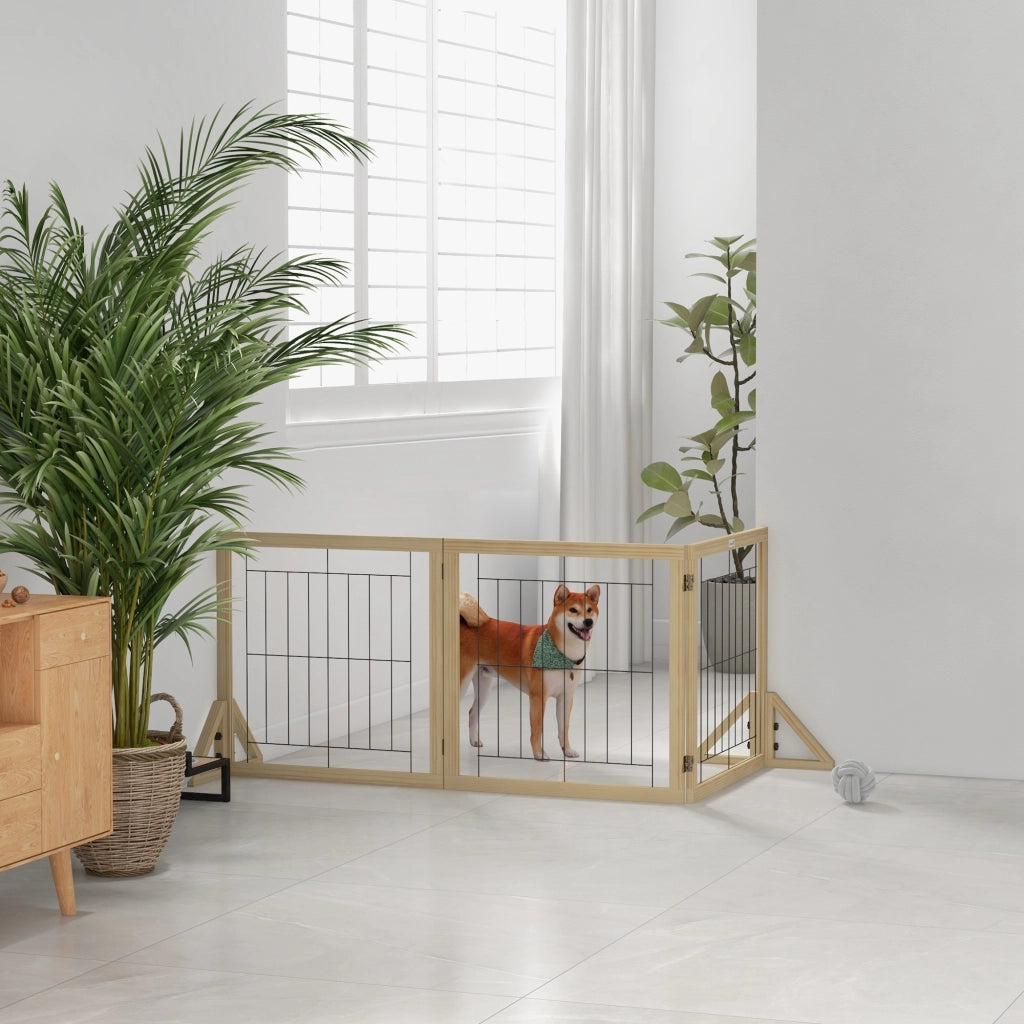 Cancellino Pieghevole per Cani ¨C Xylo ¨C 3 Pannelli, Legno Naturale, 210x70 cm