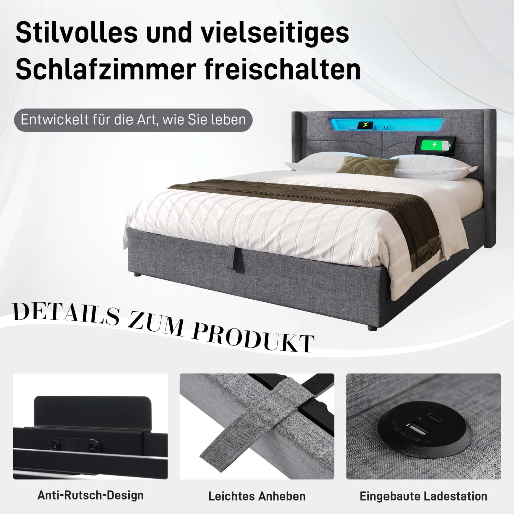 LETTO Contenitore LED 160x200 cm Lino Grigio USB Type C