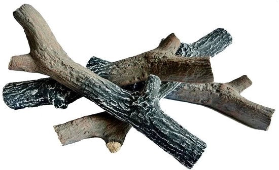 Set di Blocchi di Legno Ceramico da 4 - Resistente al Calore - Imitazioni di Legno - Struttura di Legno Autentica - 25,5 x 8,0 x 3,5 cm - Colori Naturali - Legna da Camino