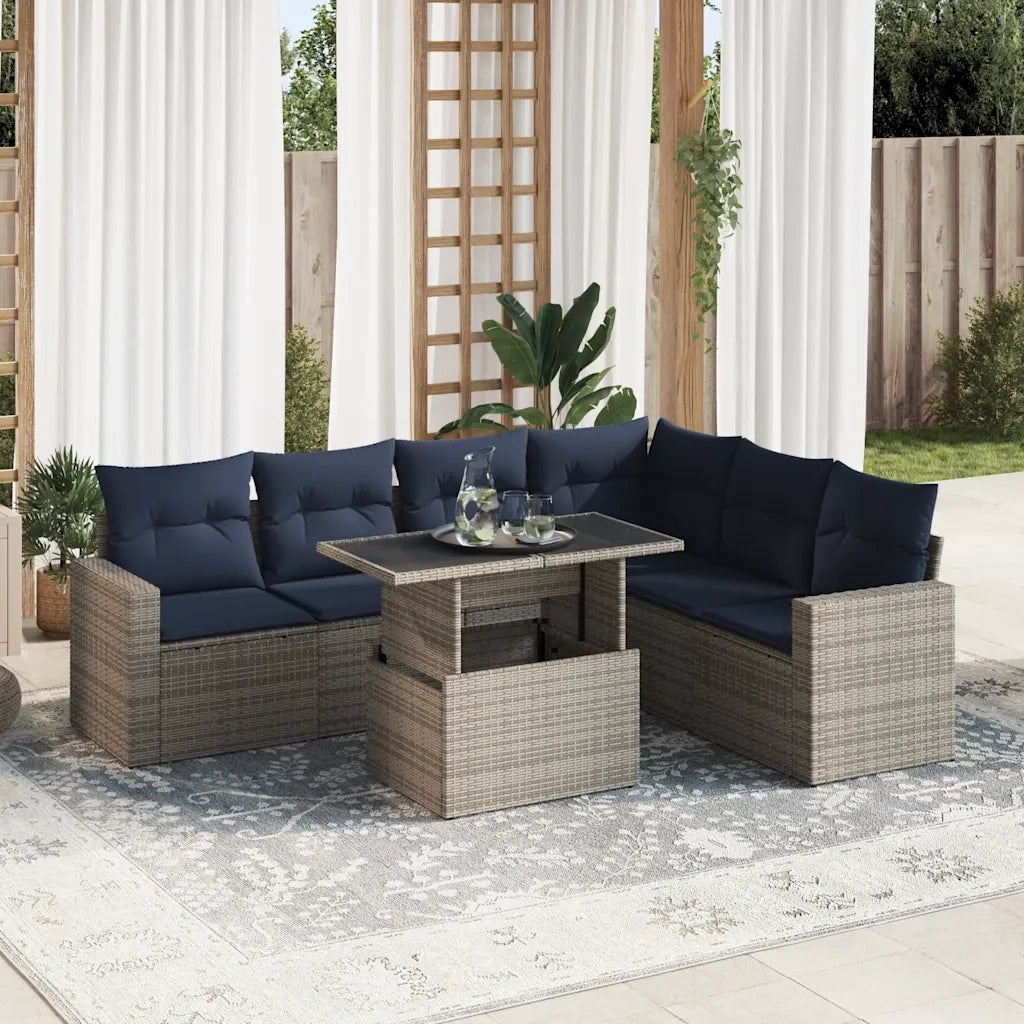 Set Divani da Giardino con Cuscini 7pz Nero Polyrattan Acacia 3326332