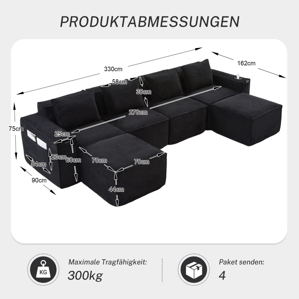 Divano modulare 4 posti con portabicchieri, tasche laterali e cuscini, in velluto a coste nero