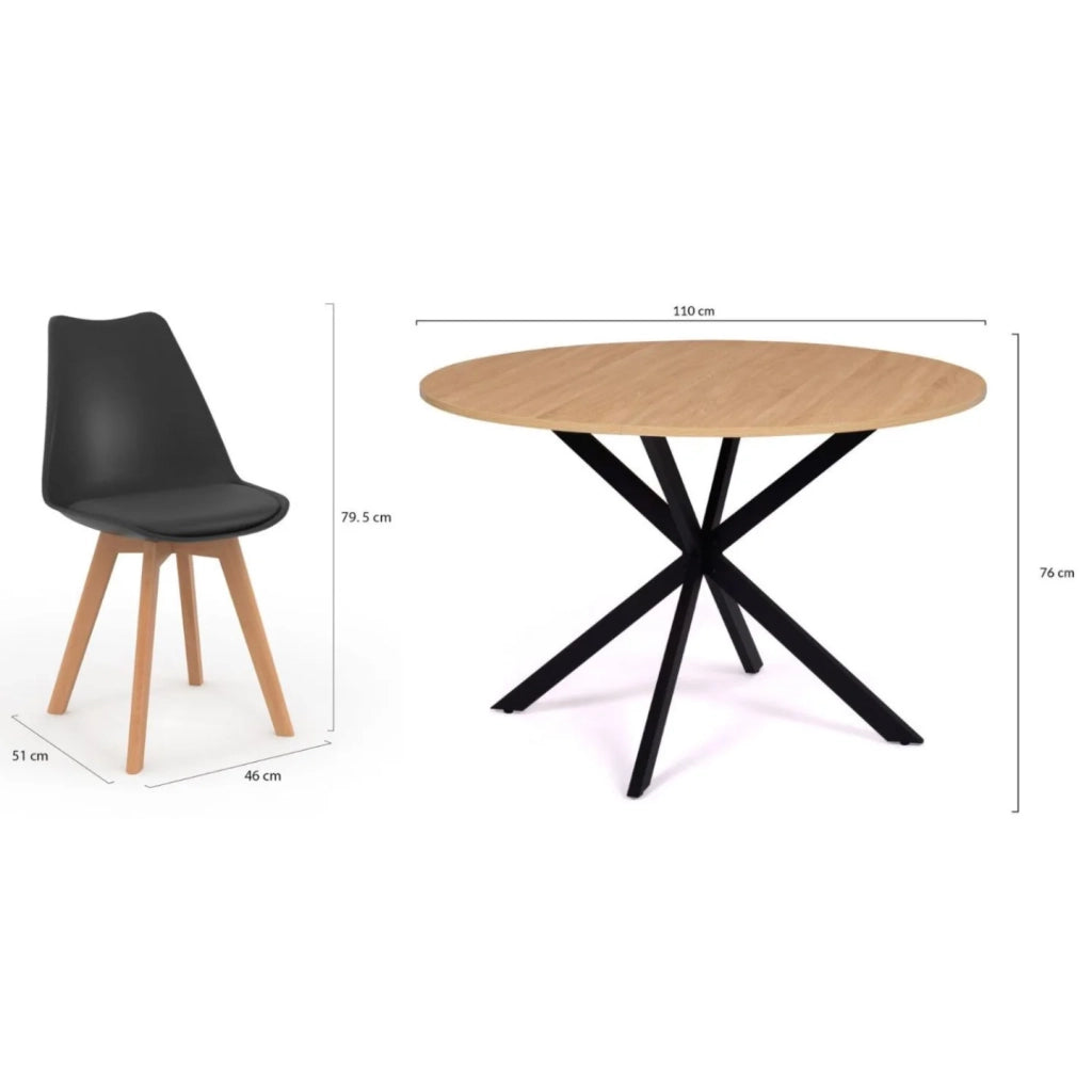 IDMarket - Tavolo da pranzo rotondo ALIX 110 cm in legno e nero e set di 4 sedie SARA nere